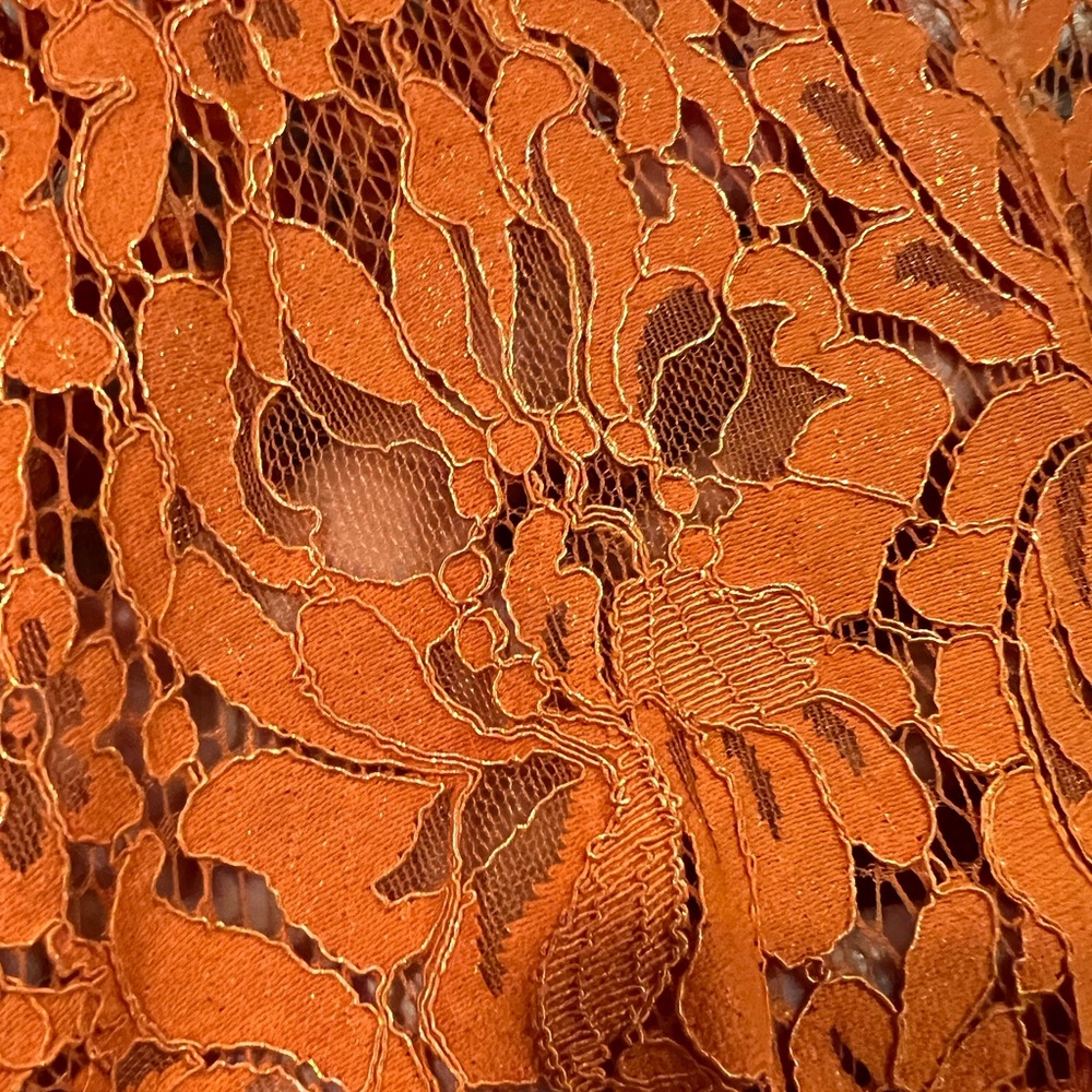 NWT  Chico’s Bright Orange Marmalade Floral Foiled Lace Short Sleeve Blouse XL - Picture 5 of 15